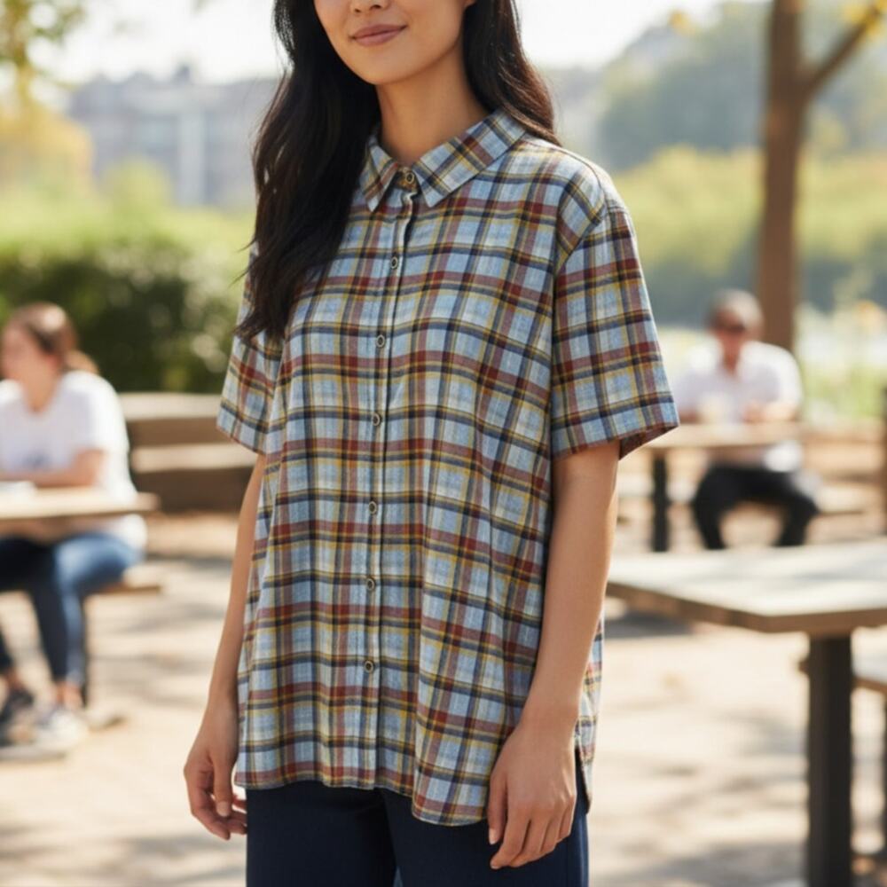 Orvis Multi Color Plaid Short Sleeve Cotton Button Down Top